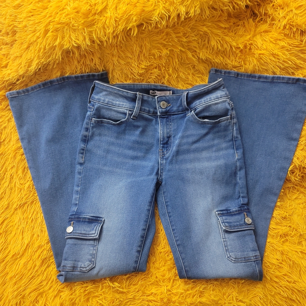 SO Women's Cargo Flare Leg Jeans in Denim Blue